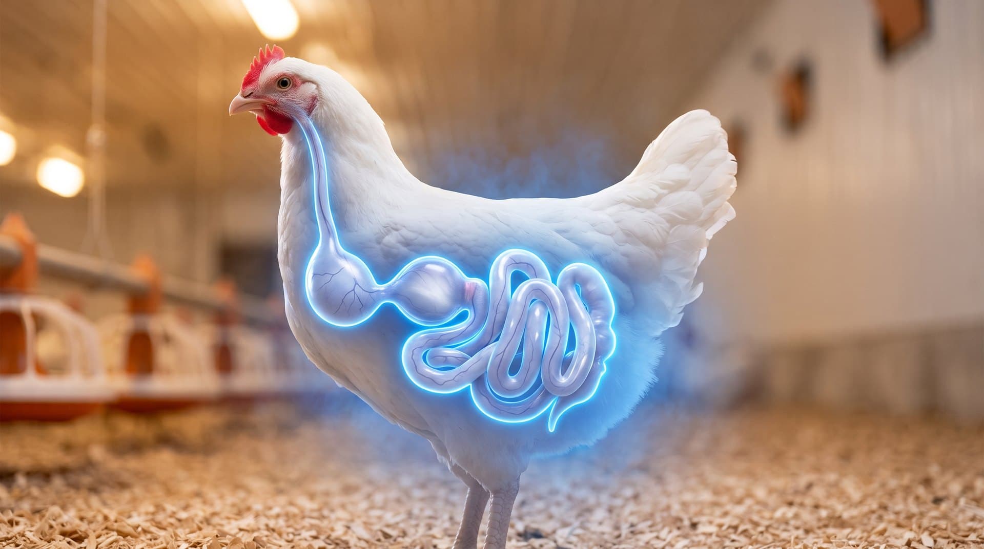 Gallina blanca en un galpón, con el tracto digestivo visible e iluminado en azul.